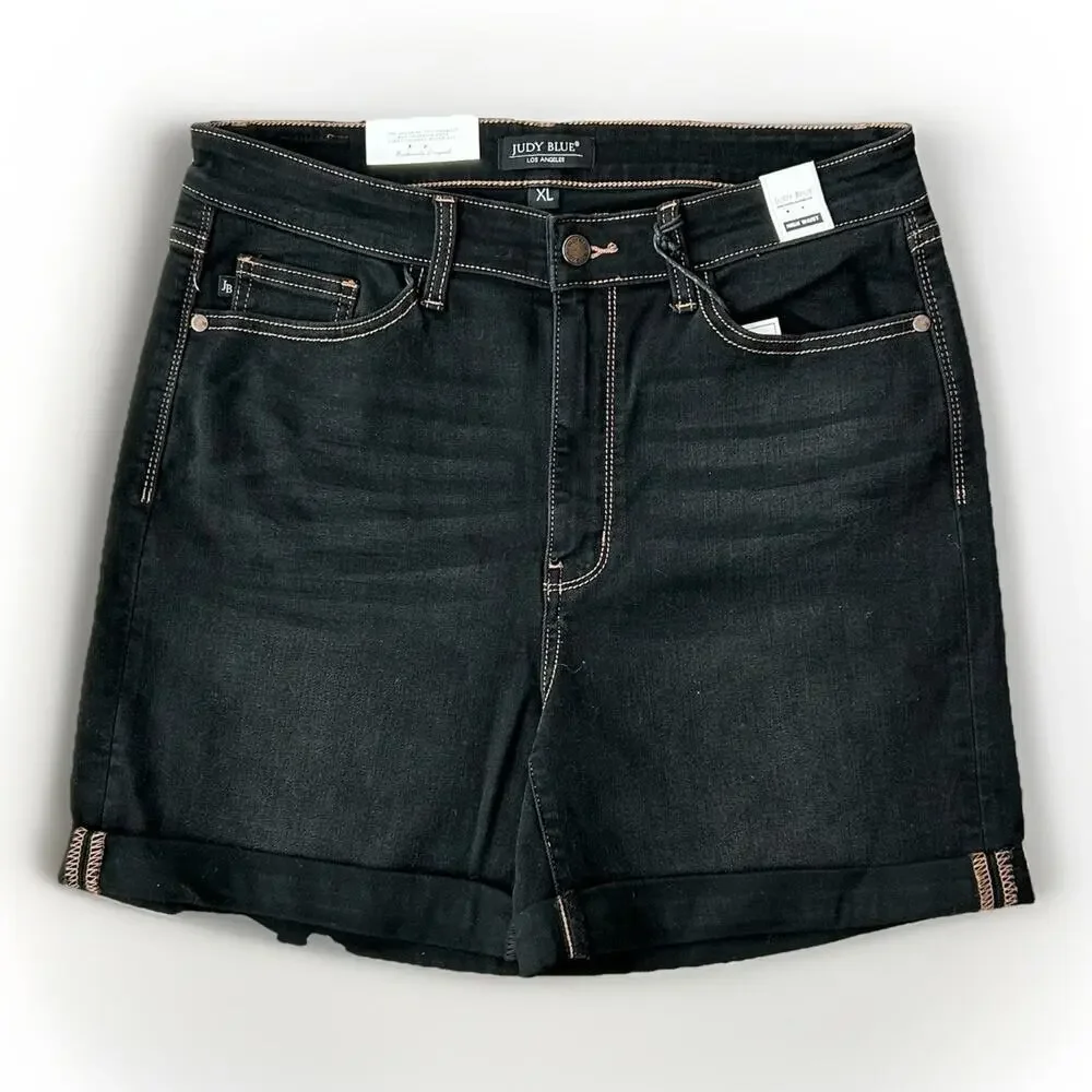 NEW Judy Blue Veronica High Rise Mid Thigh Shorts Women Size XL Black Stretch